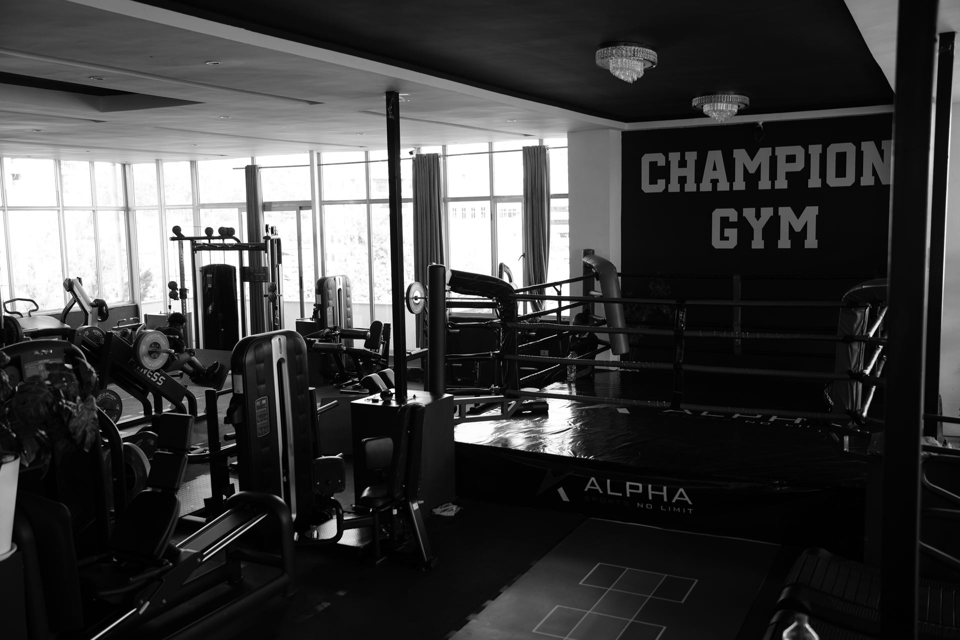 Champion Gym boxing ring and free weight training floor